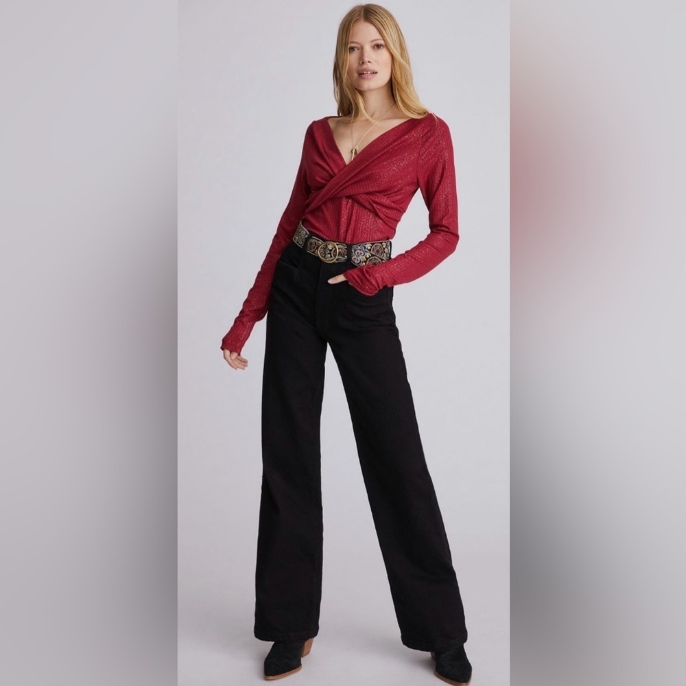 Anthropologie Twist-Front Shimmer Top Wine S NWT — Editorial Draped Evening Top